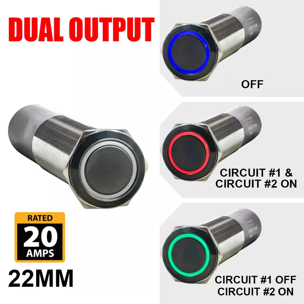 PlashLights REVERT Harsh Environment 22MM 3 Color Dual Output Push Button Switch - Stainless Steel | HPBS-DO-22-SS-M