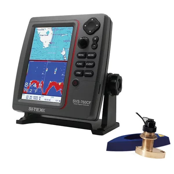 SI-TEX SVS-760CF Dual Frequency Chartplotter Sounder w/Navionics+ Flexible Coverage & Transom Mount Triducer [SVS-760CFTM]